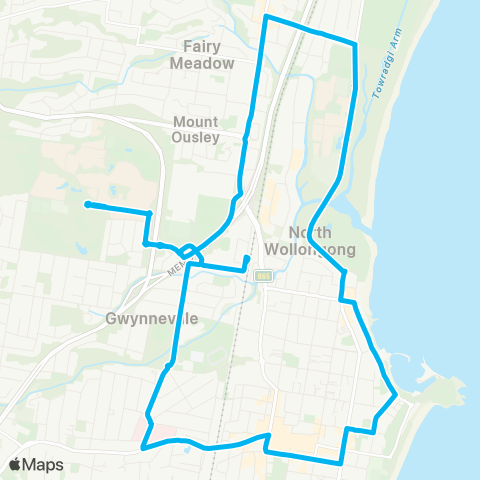 Illawarra Buses Network Univ of Wollongong to Wollongong via Fairy Meadow (Loop Service) map