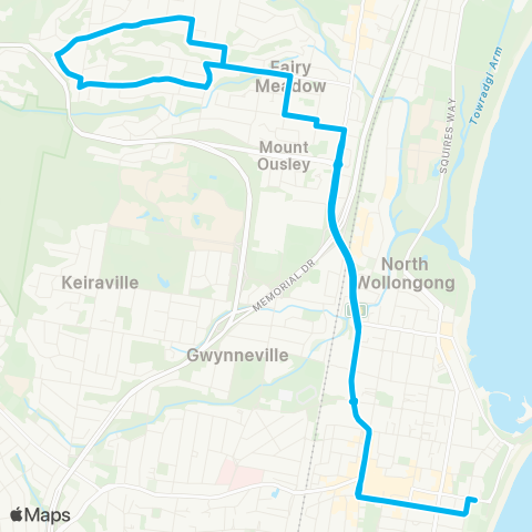 Illawarra Buses Network Wollongong to Mt Pleasant (Loop Service) map