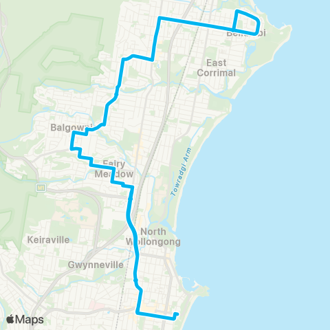 Illawarra Buses Network Wollongong to Bellambi (Loop Service) map