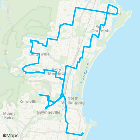 Illawarra Buses Network Wollongong to Bellambi via Balgownie (Loop Service) map