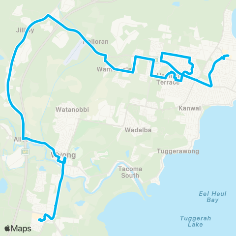 Central Coast Buses Network Lake Haven to Tuggerah via Warnervale map