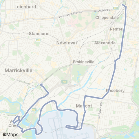 Temporary Buses Sydenham, then Wolli Creek, Int Airport, Domestic Airport, Mascot, Green Square, Central and return map