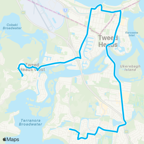 North Coast Network Banora Point to Tweed Heads W via Tweed Mall & Coolangatta map