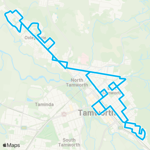 New England North West Network Tamworth to Oxley Vale via Tamworth Hosp (Loop Service) map