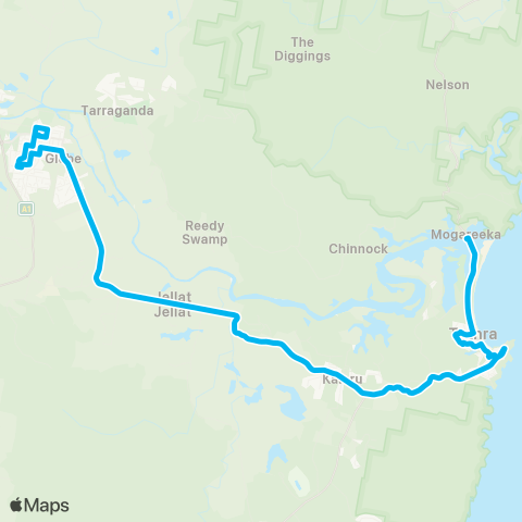 South East and Tablelands Network Tathra to Bega via SE Regional Hosp & Auckland St map