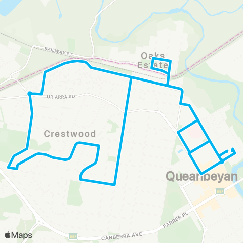 South East and Tablelands Network Queanbeyan to Queanbeyan W via Oaks Estate & Queanbeyan Sta (Loop Service) map