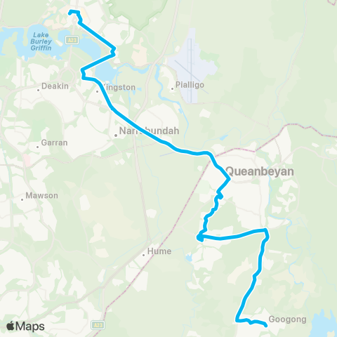 South East and Tablelands Network Googong to Canberra CBD via Jerrabomberra & Russell (Exp Service) map