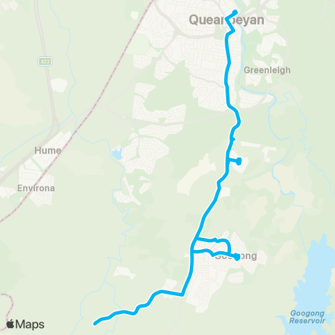 South East and Tablelands Network Fernleigh to Queanbeyan Interchange via Googong map