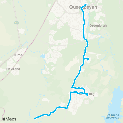 South East and Tablelands Network Queanbeyan Interchange to Fernleigh via Googong map