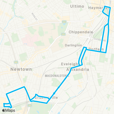 Sydney Buses Network Marrickville Metro to Central Eddy Ave via Redfern (Loop Service) map