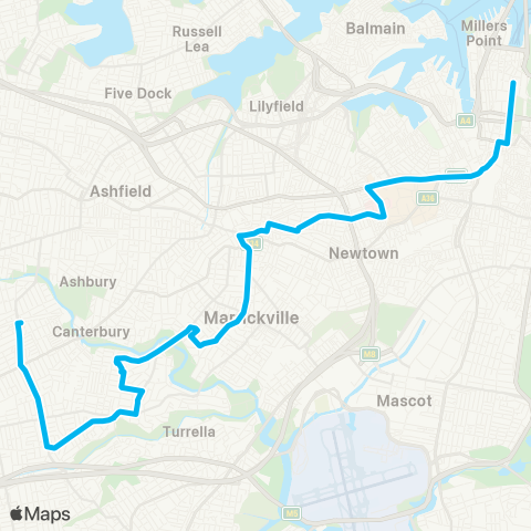 Sydney Buses Network Campsie to City Martin Pl via Earlwood & Dulwich Hill map