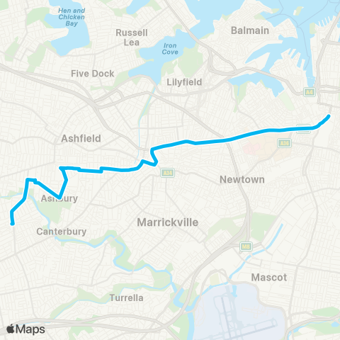 Sydney Buses Network Campsie to Central Pitt St map