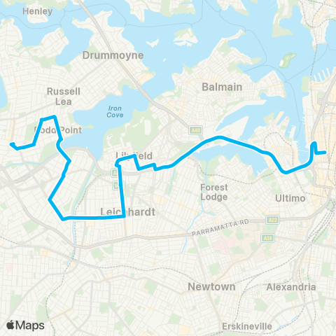 Sydney Buses Network Five Dock to City QVB via City West Link map