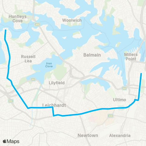 Sydney Buses Network Abbotsford to City Martin Pl (Night Service) map