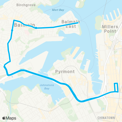 Sydney Buses Network City QVB to Balmain E Wharf (Loop Service) map