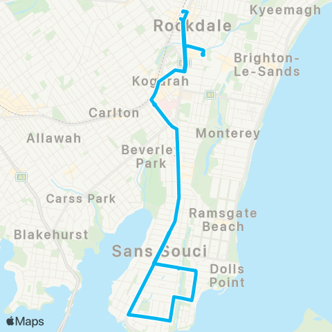 Sydney Buses Network Rockdale to Dolls Point (Loop Service) map