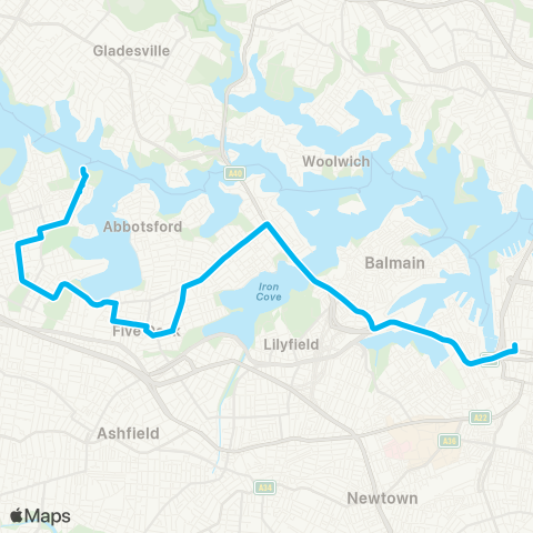 Sydney Buses Network Cabarita Wharf to Drummoyne and City Town Hall map