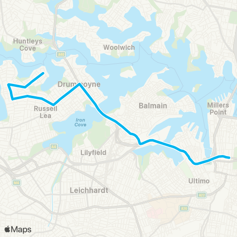 Sydney Buses Network City Town Hall to Chiswick (Exp Service) map