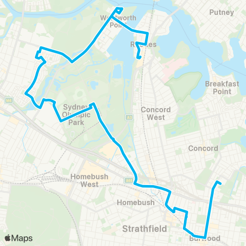 Sydney Buses Network Burwood to Rhodes Shopping Centre map