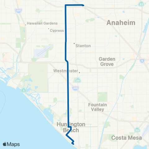 OCTA Fullerton - Huntington Beach map