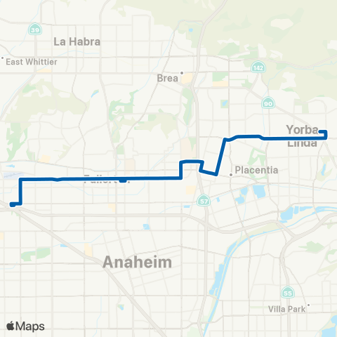 OCTA Fullerton - Yorba Linda map