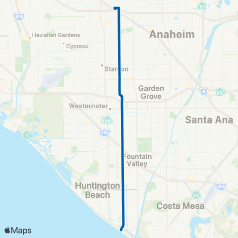 OCTA Fullerton - Huntington Beach map