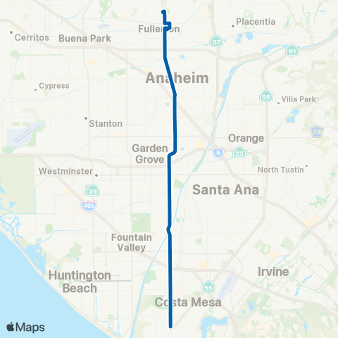 OCTA Fullerton - Costa Mesa map