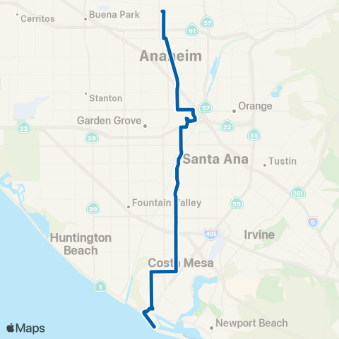 OCTA Fullerton - Newport Beach map