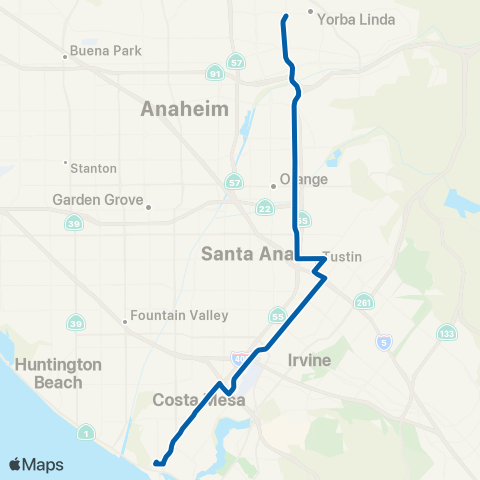 OCTA Yorba Linda - Newport Beach map