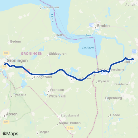 Arriva Snelbus i.p.v. trein Groningen <-> Leer (Ostfriesl) map