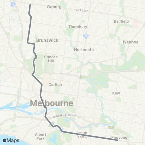 Yarra Trams Toorak - West Coburg map