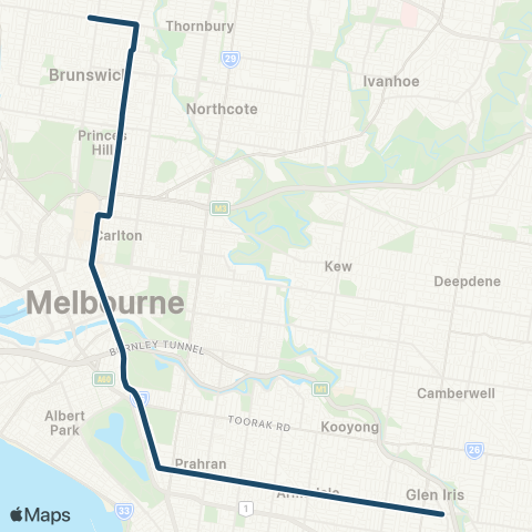 Yarra Trams Moreland - Glen Iris map