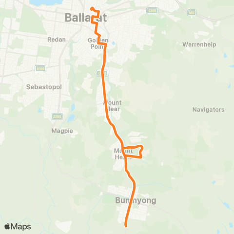 Victoria Regional Bus Buninyong - Ballarat Via Federation Univ map