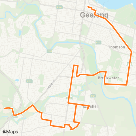 Victoria Regional Bus Deakin Univ - Geelong Via Breakwater, Marshall Sta, Grovedale map