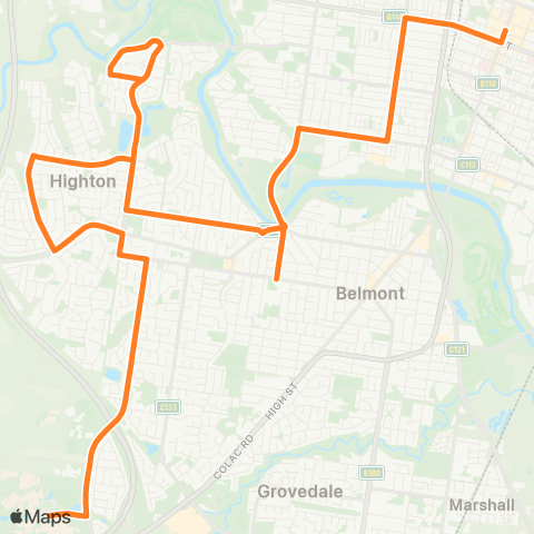 Victoria Regional Bus Deakin University - Geelong Via Highton map