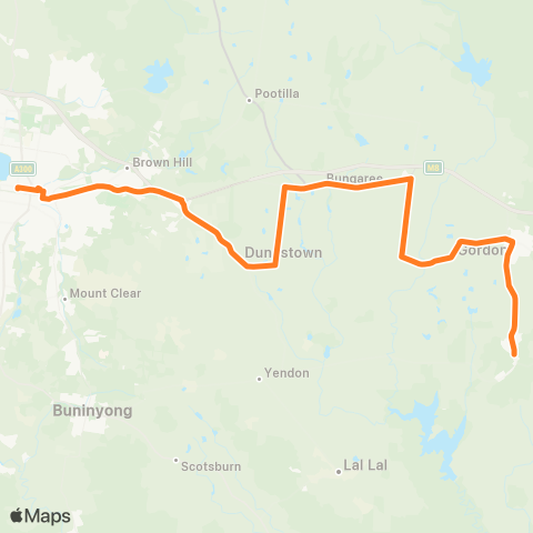 Victoria Regional Bus Mt Egerton - Ballarat Via Gordon map