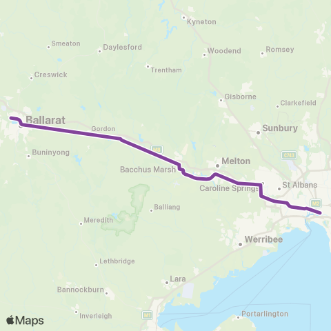 V/Line Ballarat Via Melton map