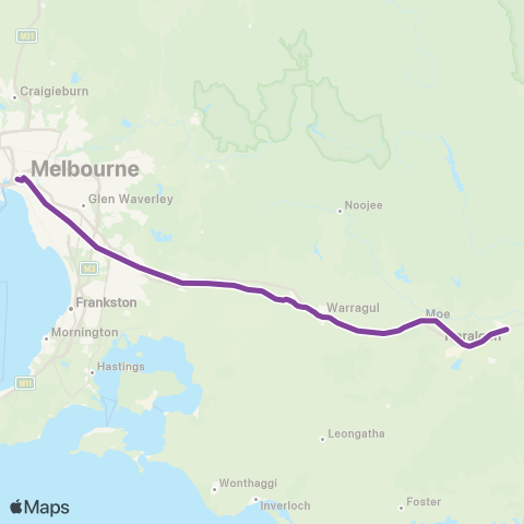 V/Line Traralgon - Melbourne Via Pakenham, Moe & Morwell map