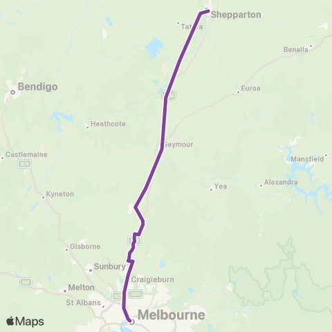 V/Line Shepparton - Melbourne Via Seymour map