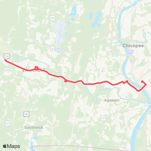 PVTA Westfield / W Springfield via Route 20 map