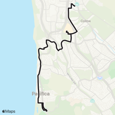 SamTrans Sharp Park - Colma BART map