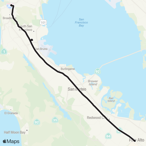 SamTrans Daly City BART - Palo Alto Transit Ctr map