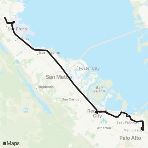 SamTrans E Palo Alto - San Bruno BART and San Francisco map