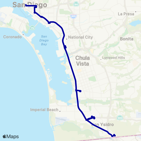 MTS Downtown - San Ysidro (Owl Service) map