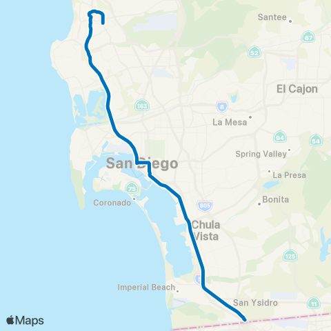 MTS UCSD Blue (San Ysidro - America Plaza) map