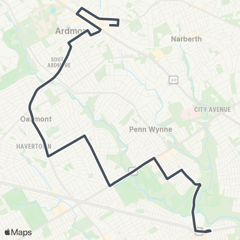 SEPTA Ardmore to 69th St Transit Center map