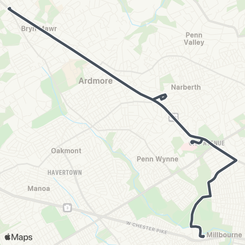 SEPTA Rosemont to 69th St TC map