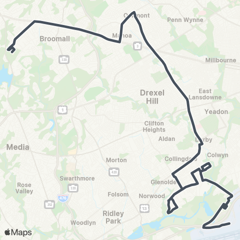 SEPTA DCCC & Darby TC to Airport map