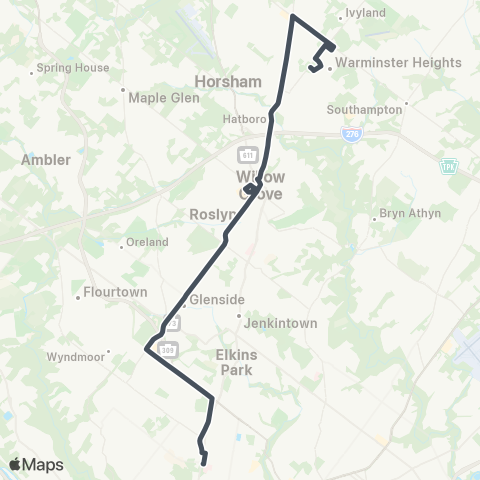 SEPTA Warminster & Willow Grove to OTC map