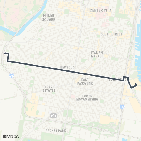 SEPTA Pier 70 to 33rd-Dickinson map